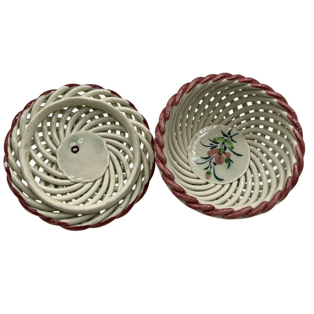 Vtg Hand Painted Spanish Porcelain Trinket Box Twig Style Basket Bloomcore Spain